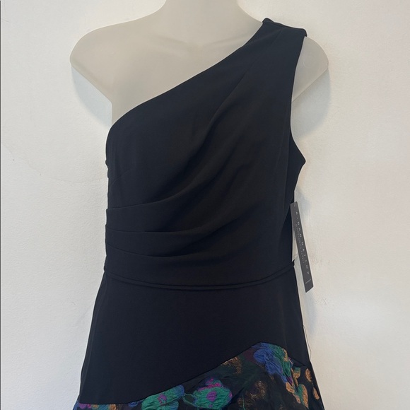 AIDAN MATTOX One Shoulder Black Dress w/Floral Layered Jacquared Fabric Sz4 - Picture 9 of 14